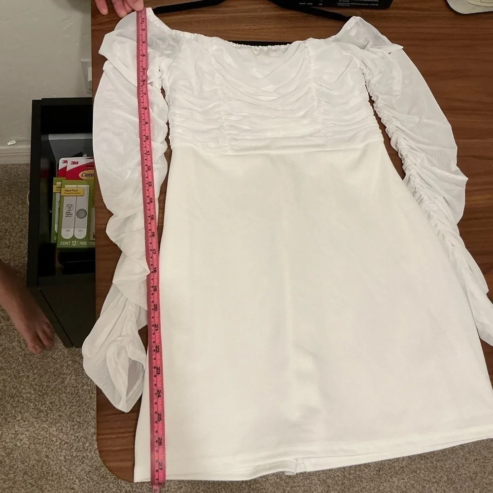 NWT Lulu’s Elegant Eternity White Mesh Ruched Off-the-Shoulder Mini Dress Medium